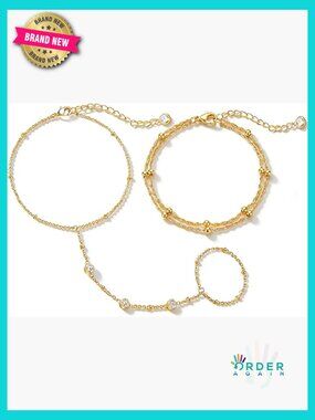 14k Gold Plated Hand Chain Bracelet Dainty Cubic Zirconia Ring Bracelet